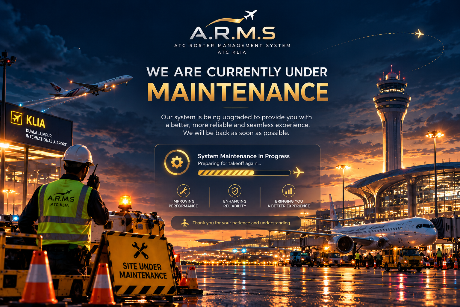A.R.M.S — ATC KLIA system maintenance illustration, featuring airport ground crews, maintenance equipment, aircraft and an air traffic control tower at dusk.